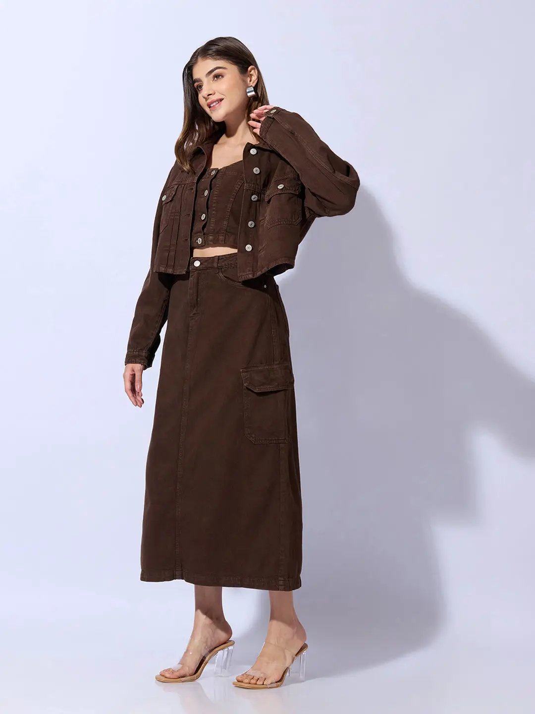 Women's Brown Bustier Top and Cargo Skirt with Crop Jacket Co-Ord Set