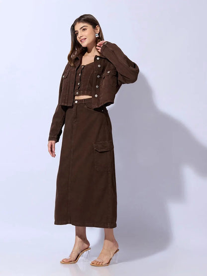 Women's Brown Bustier Top and Cargo Skirt with Crop Jacket Co-Ord Set