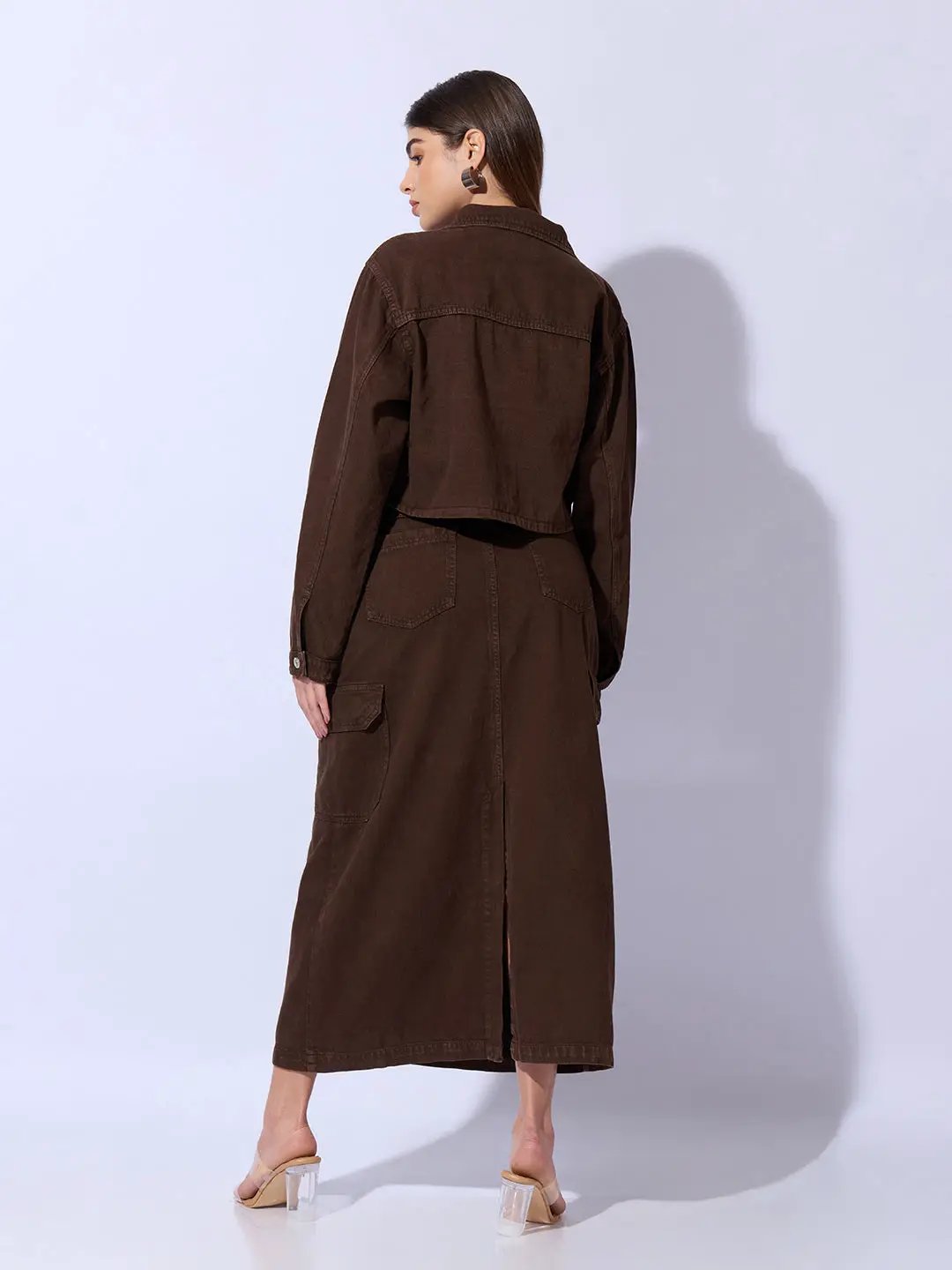 Women's Brown Bustier Top and Cargo Skirt with Crop Jacket Co-Ord Set