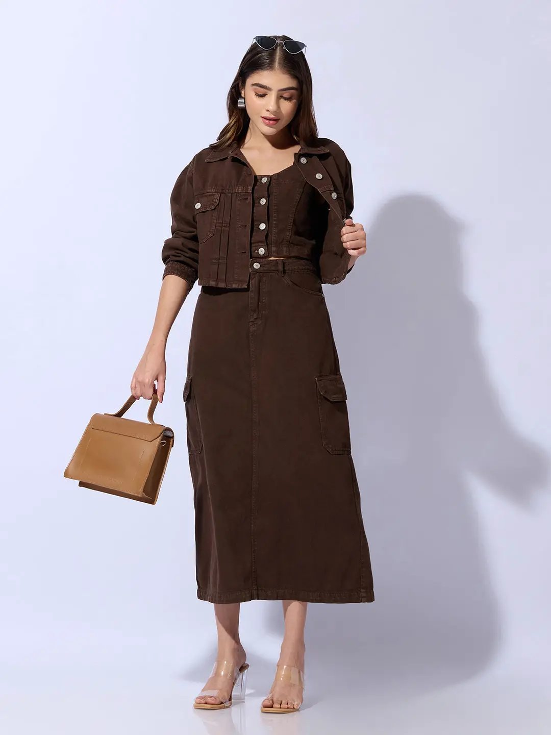 Women's Brown Bustier Top and Cargo Skirt with Crop Jacket Co-Ord Set