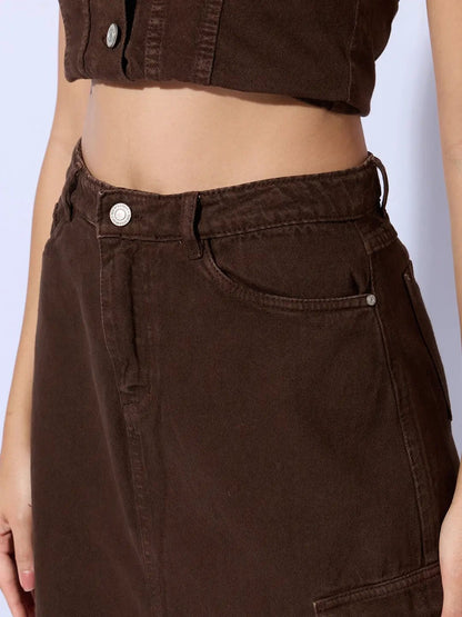 Women's Brown Bustier Top and Cargo Skirt with Crop Jacket Co-Ord Set
