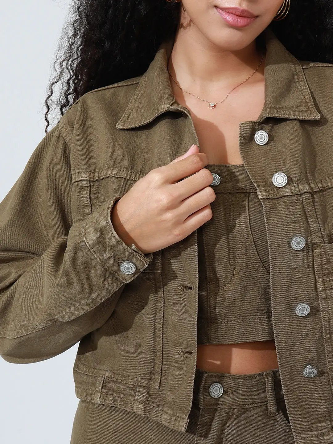 Women's Khaki Denim Bustier Top and Jeans with Jacket Co-Ord Set