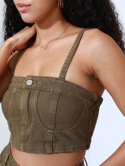 Women's Khaki Denim Bustier Top and Jeans with Jacket Co-Ord Set