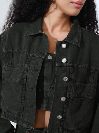 Women's Olive Denim Bustier Top and Jeans with Jacket Co-Ord Set