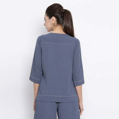 Stone Blue Crepe Top With White Top Stitching At Yoke