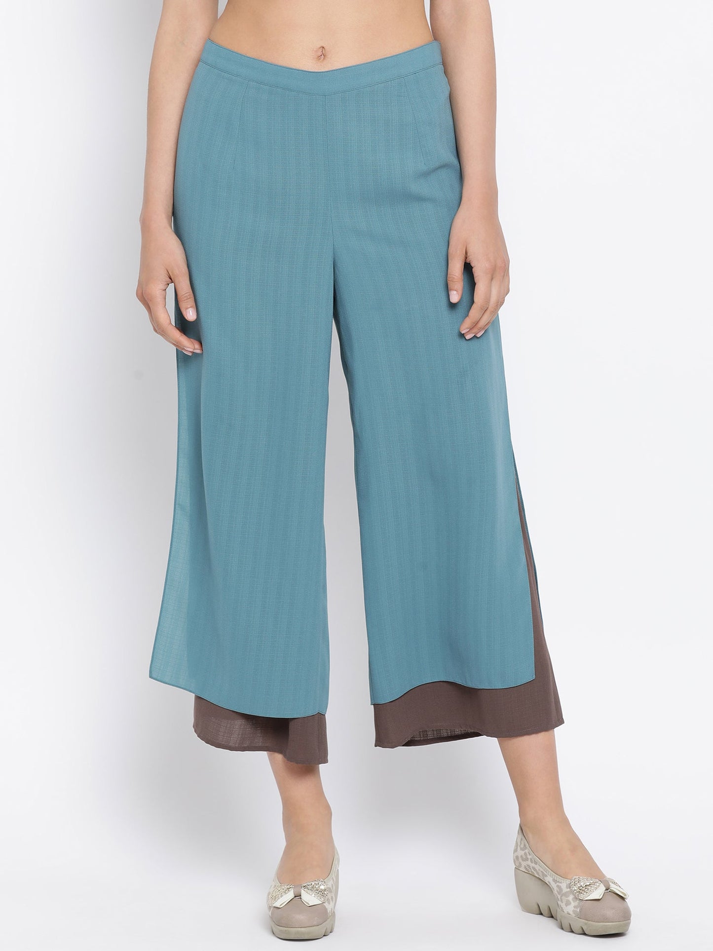 Teal And Beige Double Layer Plazzo