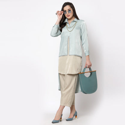 Blue and Beige Double Layer Tunic with Lace