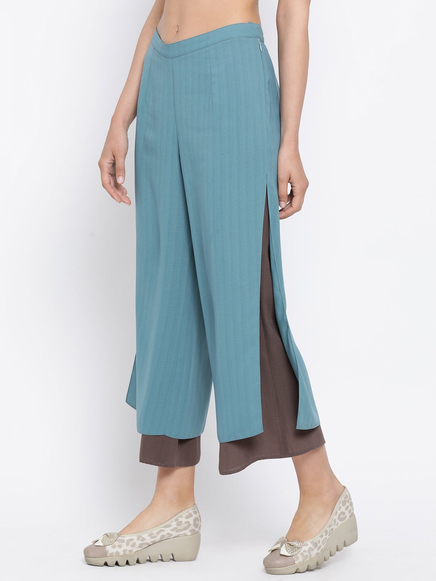 Teal And Beige Double Layer Plazzo