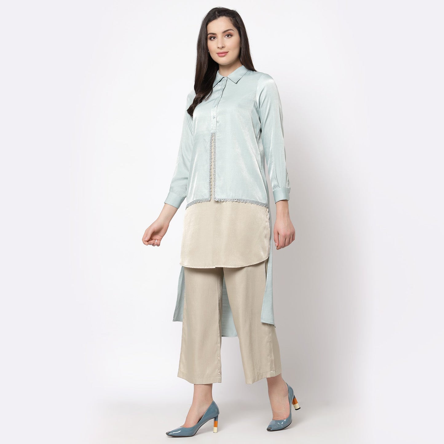 Blue and Beige Double Layer Tunic with Lace