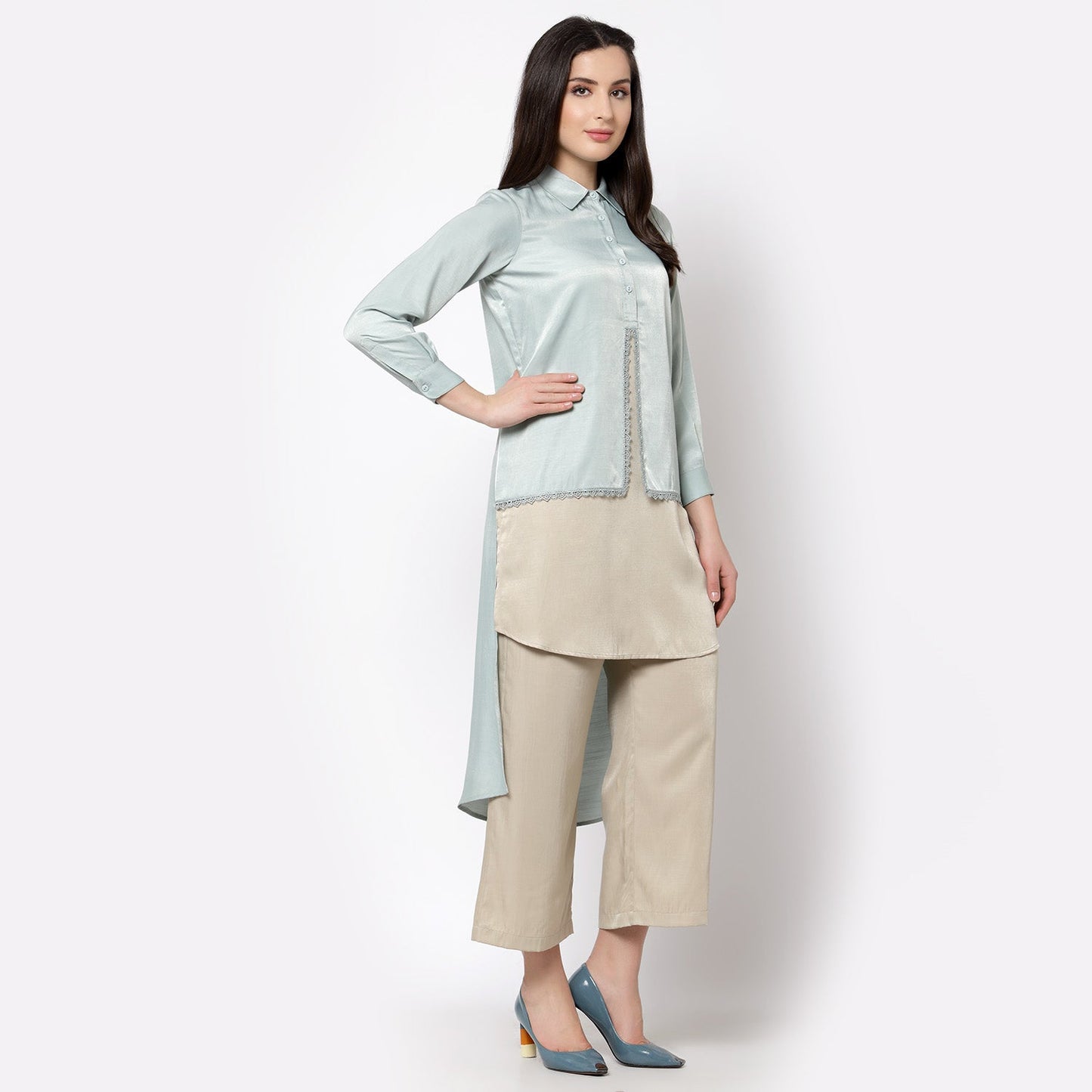Blue and Beige Double Layer Tunic with Lace