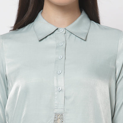 Blue and Beige Double Layer Tunic with Lace