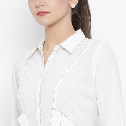 White Kurta With Contrast Thread With Side Pocket