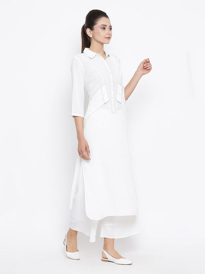 White Kurta With Contrast Thread With Side Pocket