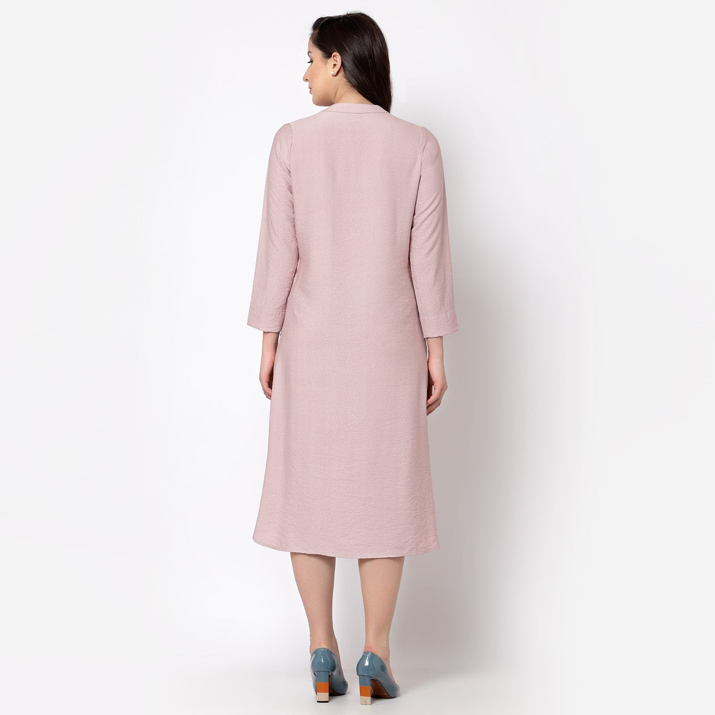 Pink Linen Kurta Style Tunic With Buttons