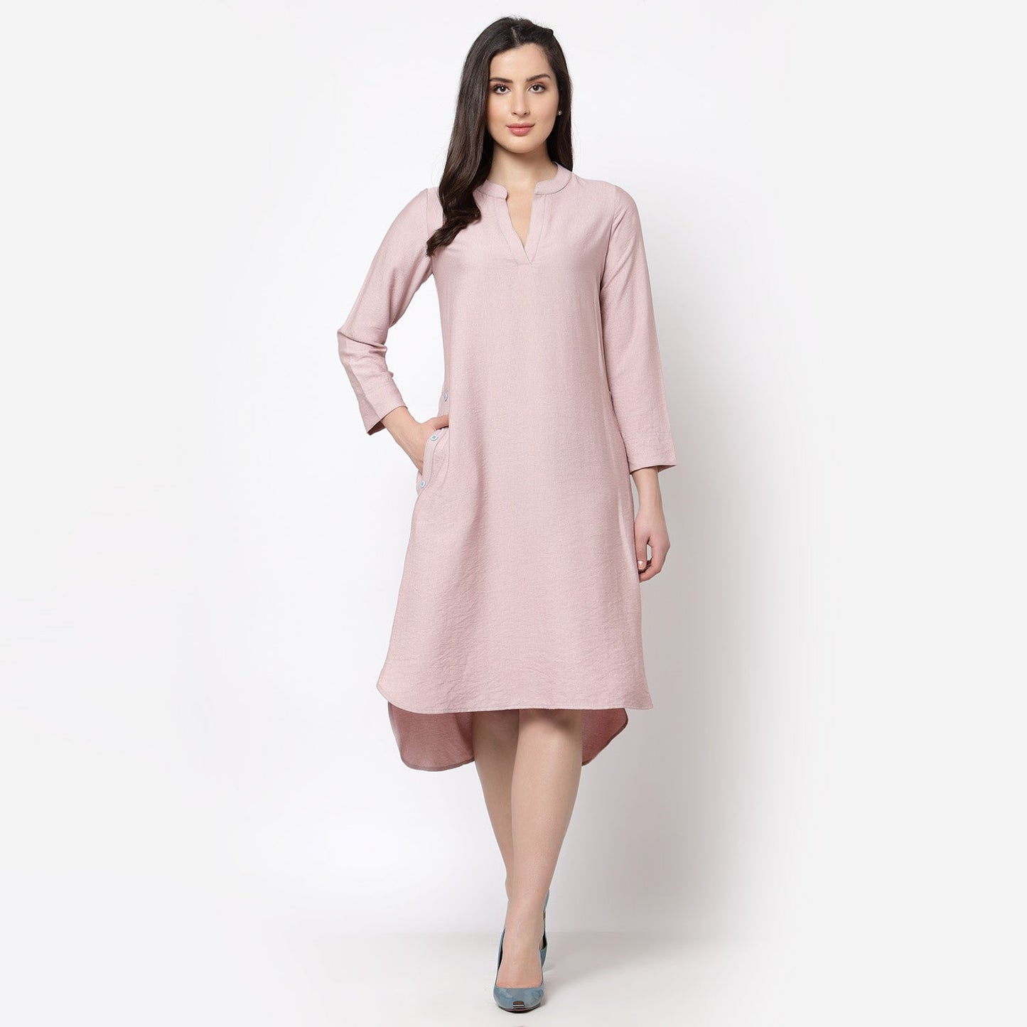 Pink Linen Kurta Style Tunic With Buttons