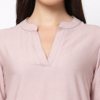 Pink Linen Kurta Style Tunic With Buttons