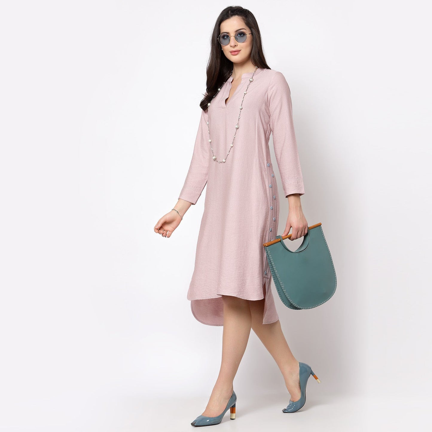 Pink Linen Kurta Style Tunic With Buttons