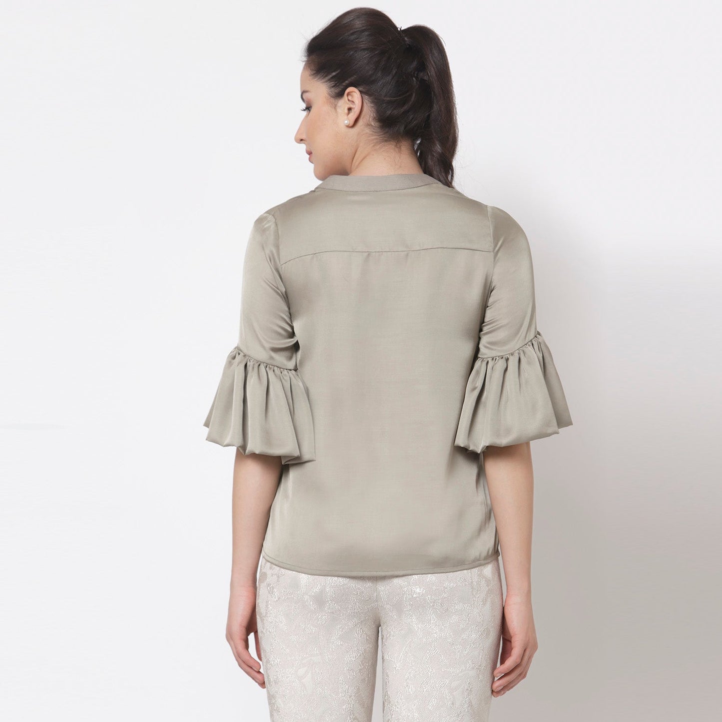 Grey Satin Top With Puff Sleeve