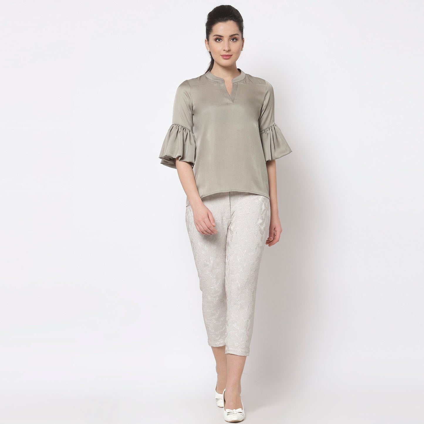 Grey Satin Top With Puff Sleeve