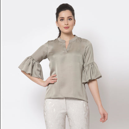 Grey Satin Top With Puff Sleeve