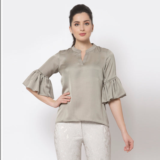 Grey Satin Top With Puff Sleeve