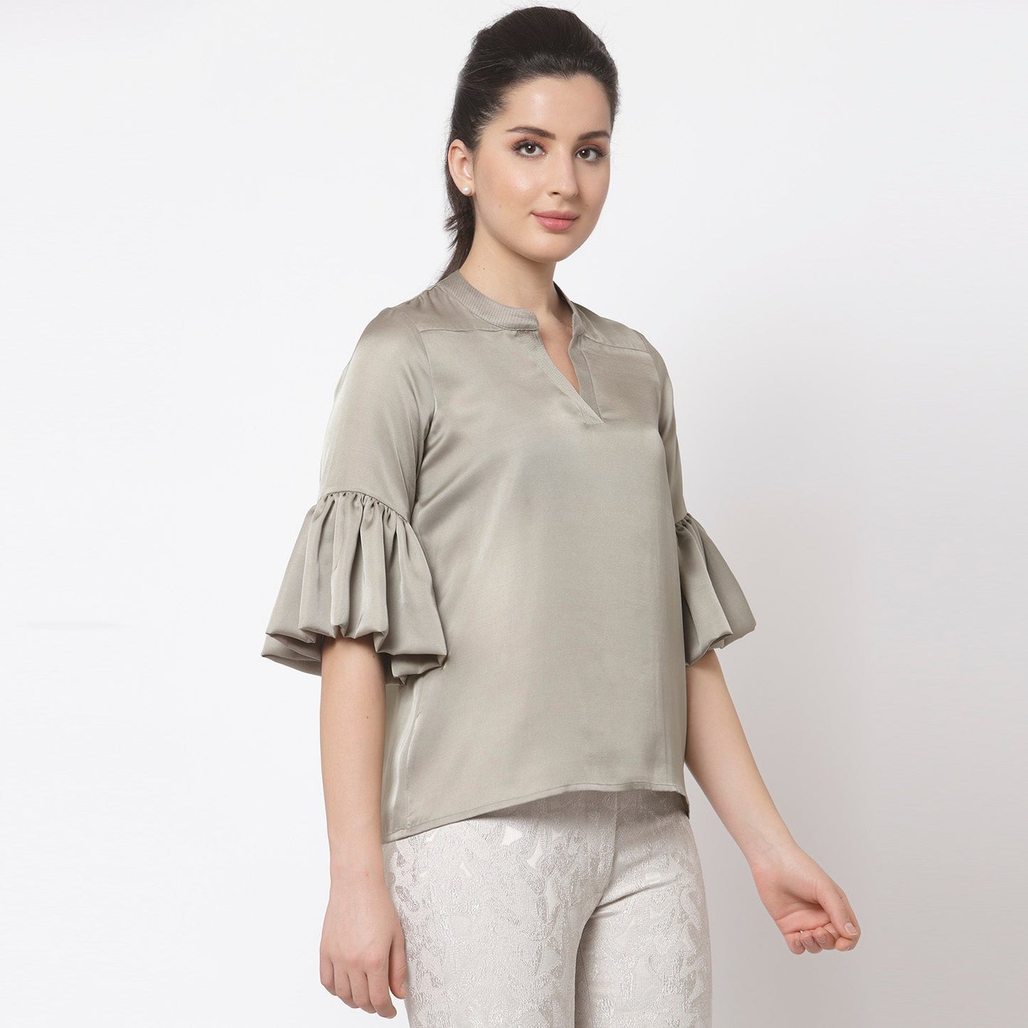 Grey Satin Top With Puff Sleeve