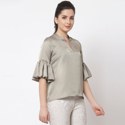 Grey Satin Top With Puff Sleeve