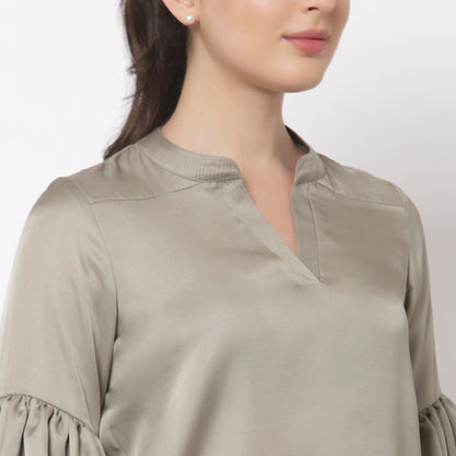 Grey Satin Top With Puff Sleeve