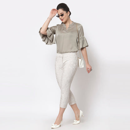 Grey Satin Top With Puff Sleeve