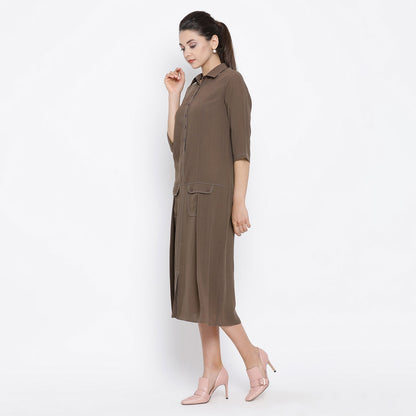 Dark Brown Dress With Flap Pocket