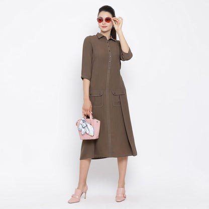Dark Brown Dress With Flap Pocket