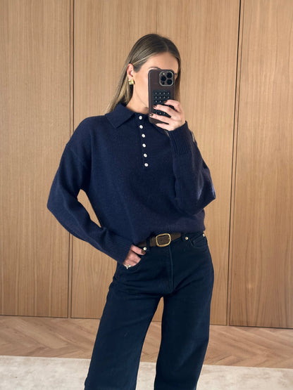 Laurent High Neck Button Knit Jumper - Navy