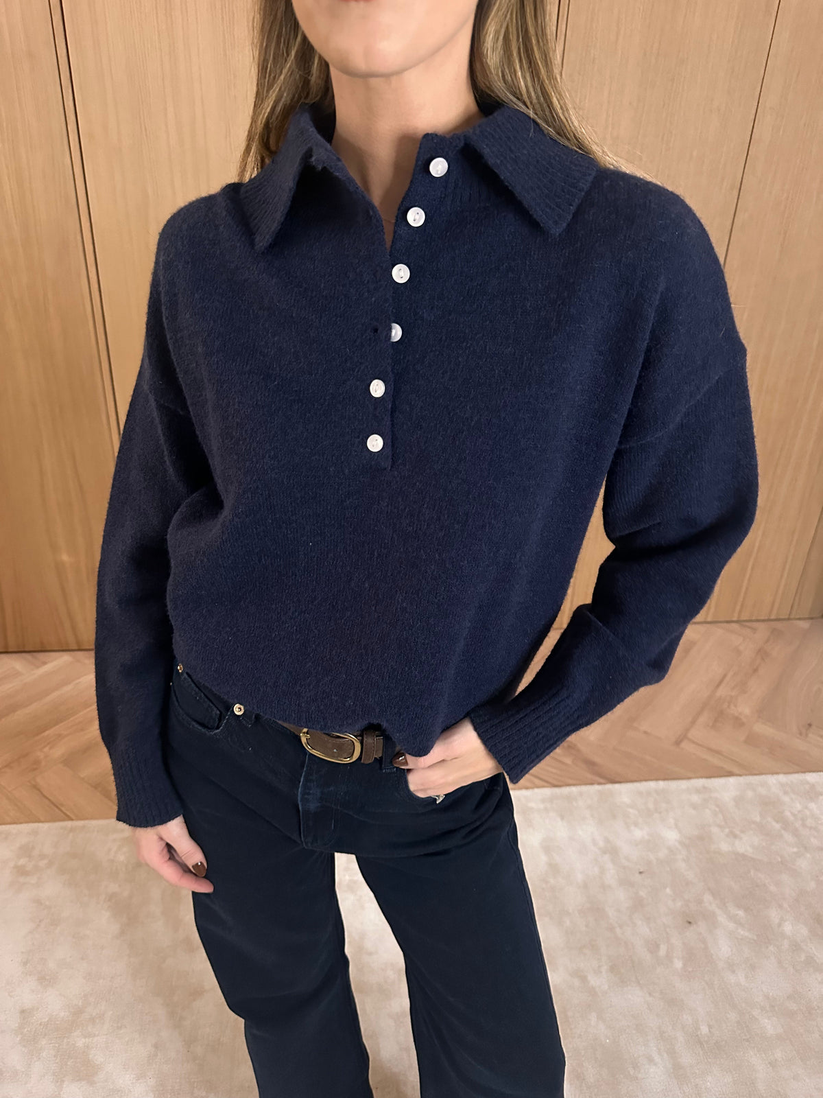 Laurent High Neck Button Knit Jumper - Navy