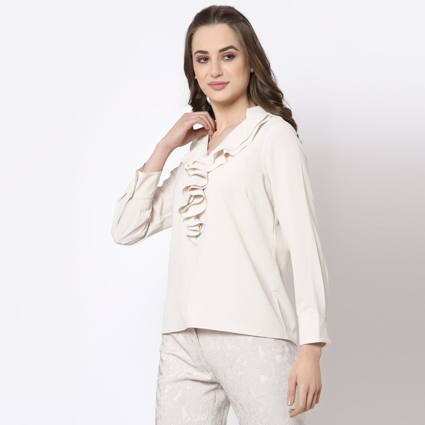 Off White Top With Frill Collar