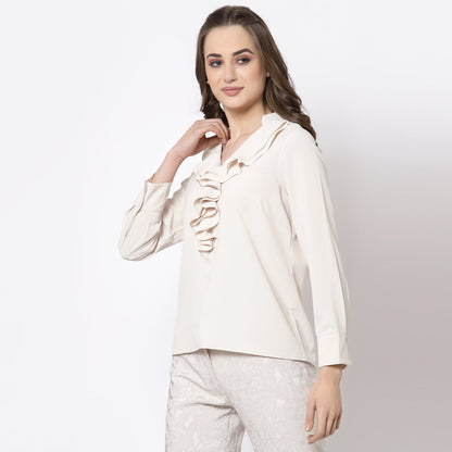 Off White Top With Frill Collar