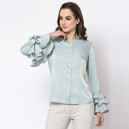 Blue Shirt With Frill Cuff