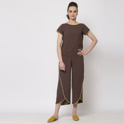 Brown Wrap Plazzo With Yellow Piping