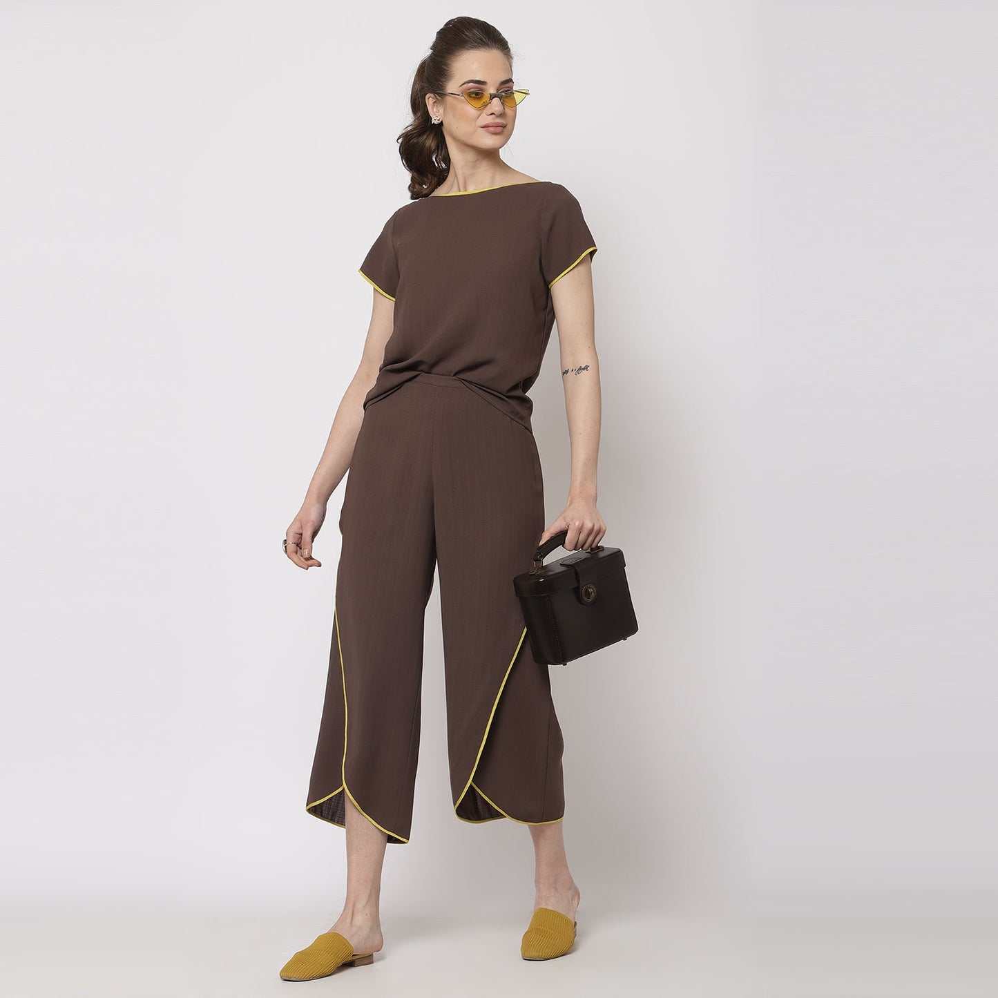 Brown Wrap Plazzo With Yellow Piping