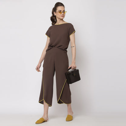 Brown Wrap Plazzo With Yellow Piping