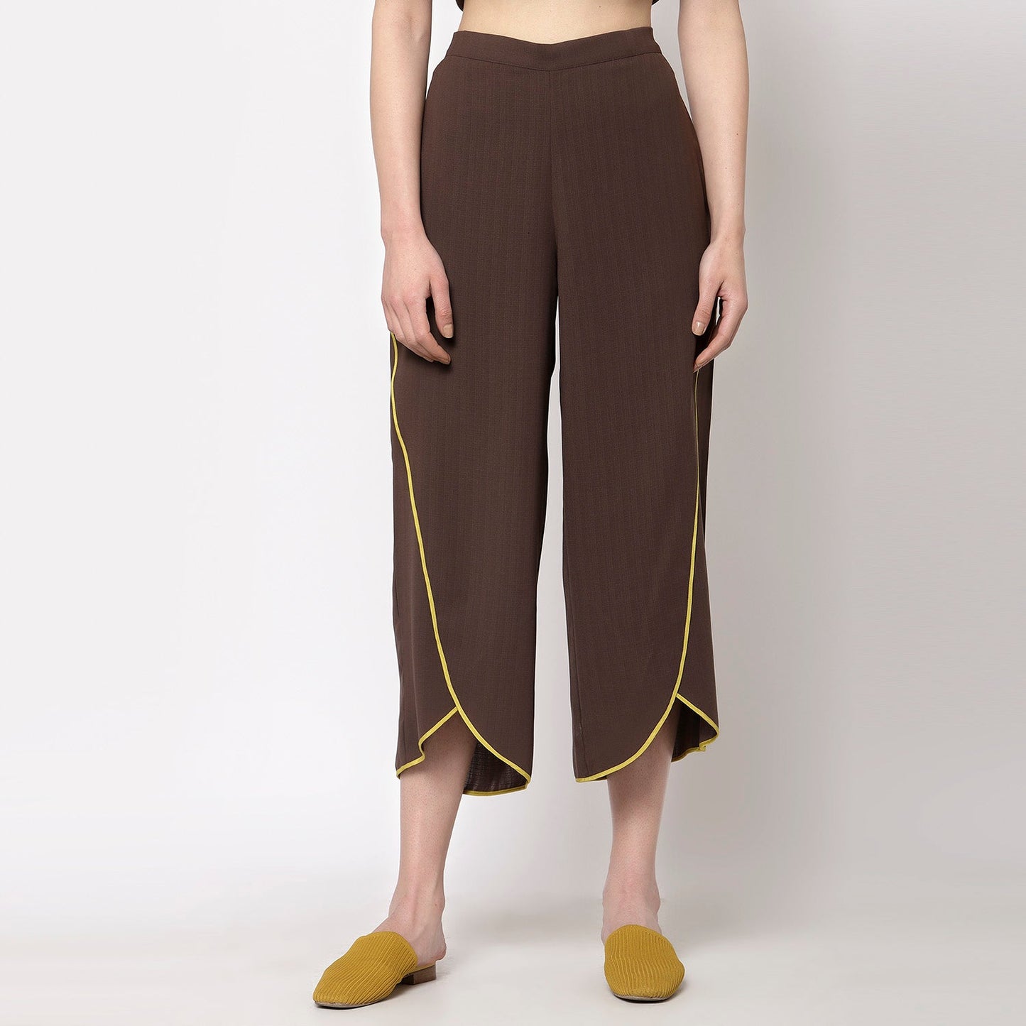 Brown Wrap Plazzo With Yellow Piping