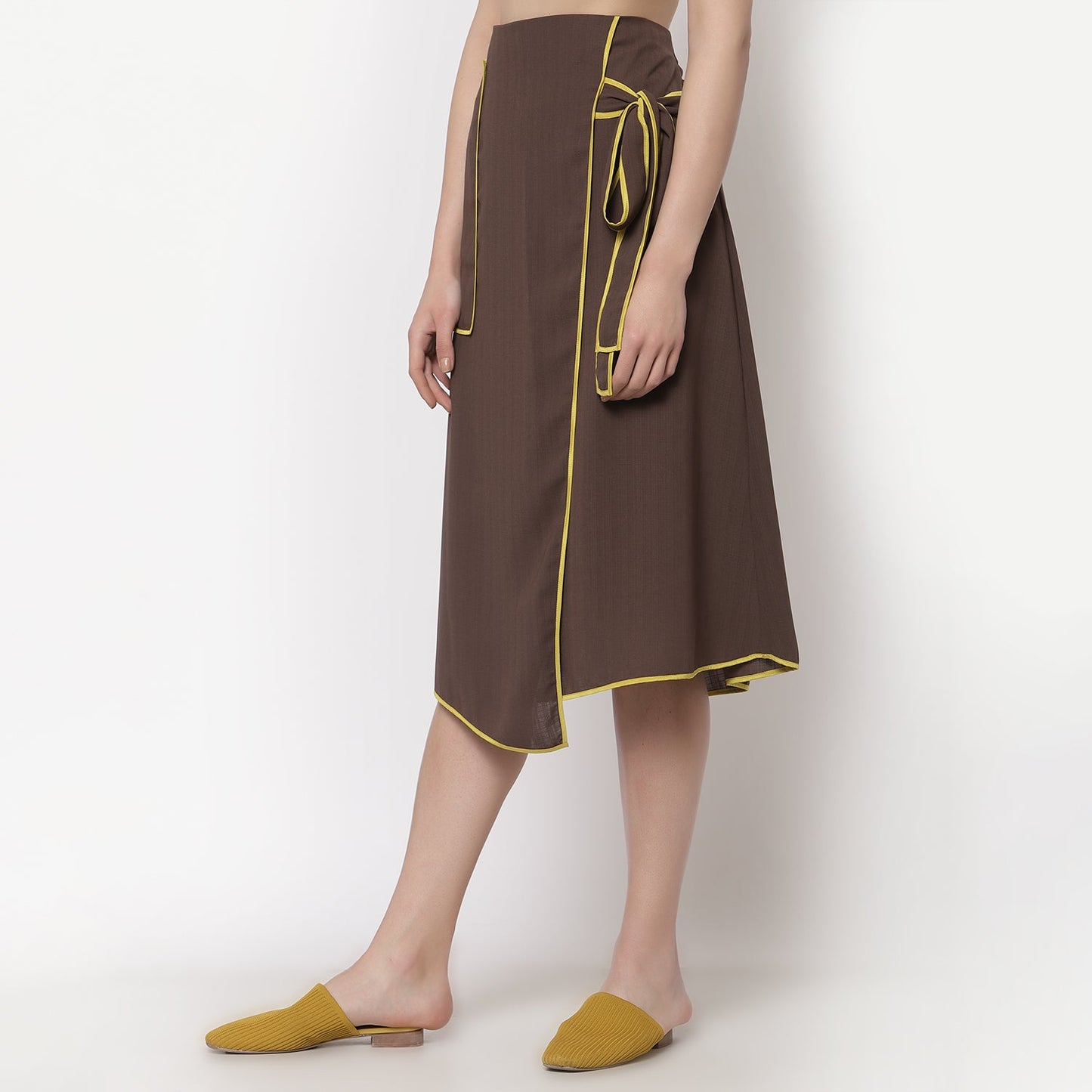 Brown Asymmetrical Skirt With Yellow Piping