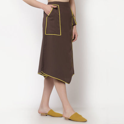 Brown Asymmetrical Skirt With Yellow Piping