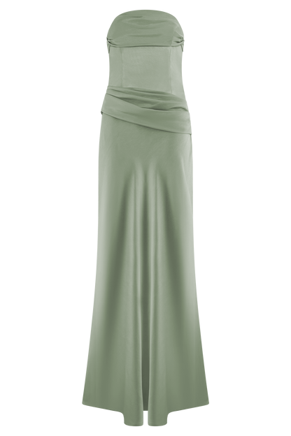 Jasmine Strapless Satin Maxi Dress - Sage