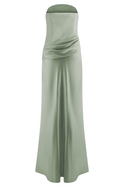 Jasmine Strapless Satin Maxi Dress - Sage