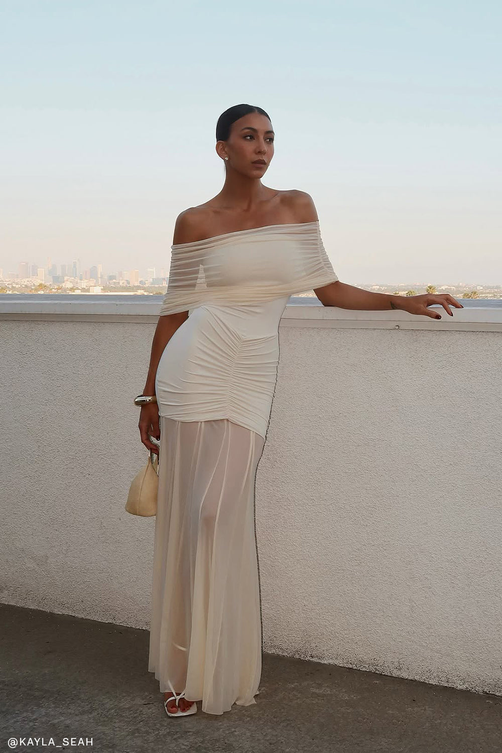 Caspian Slinky And Mesh Off Shoulder Maxi Dress - Ivory
