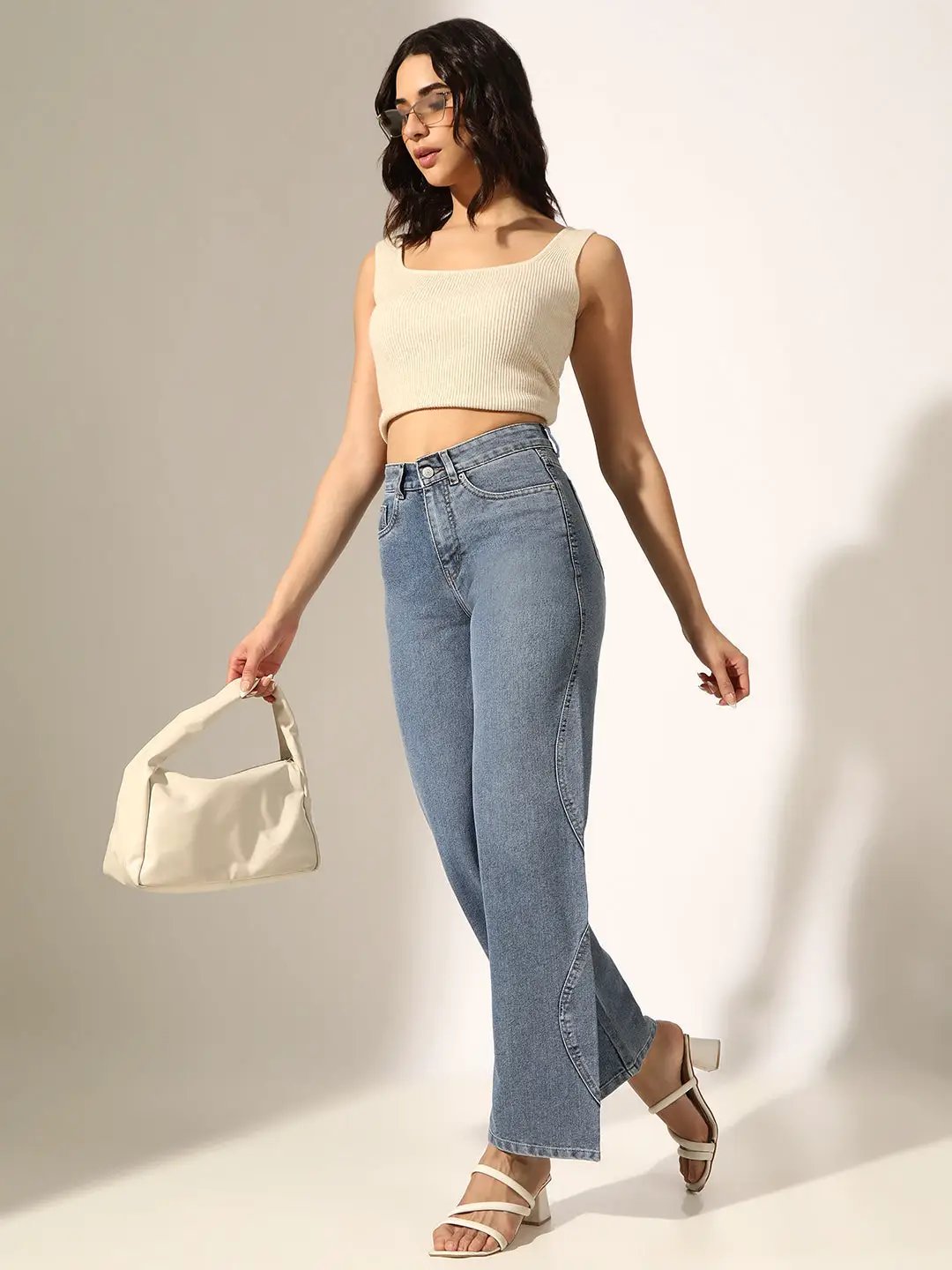 Women's Blue High-Rise Straight Fit Jeans with Curved Panel Detail