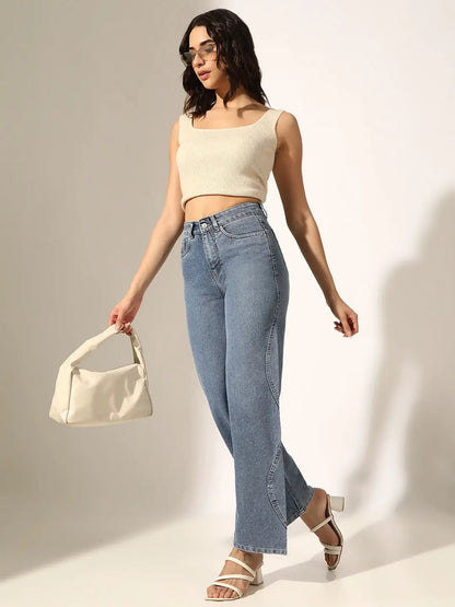 Women's Blue High-Rise Straight Fit Jeans with Curved Panel Detail