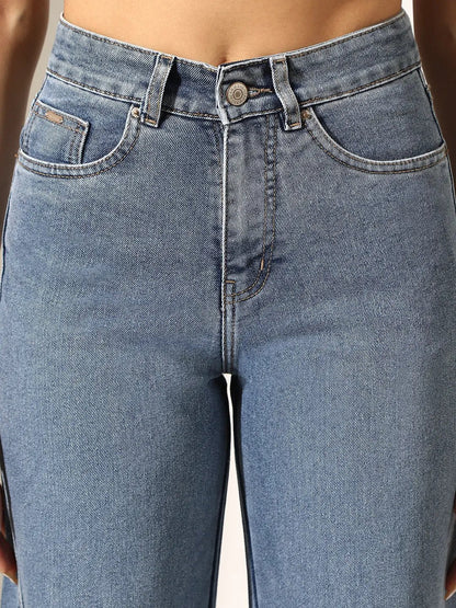 Women's Blue High-Rise Straight Fit Jeans with Curved Panel Detail