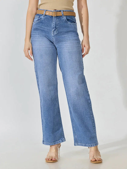 Women's Blue High-Rise Straight Fit Denim Jeans with Belt