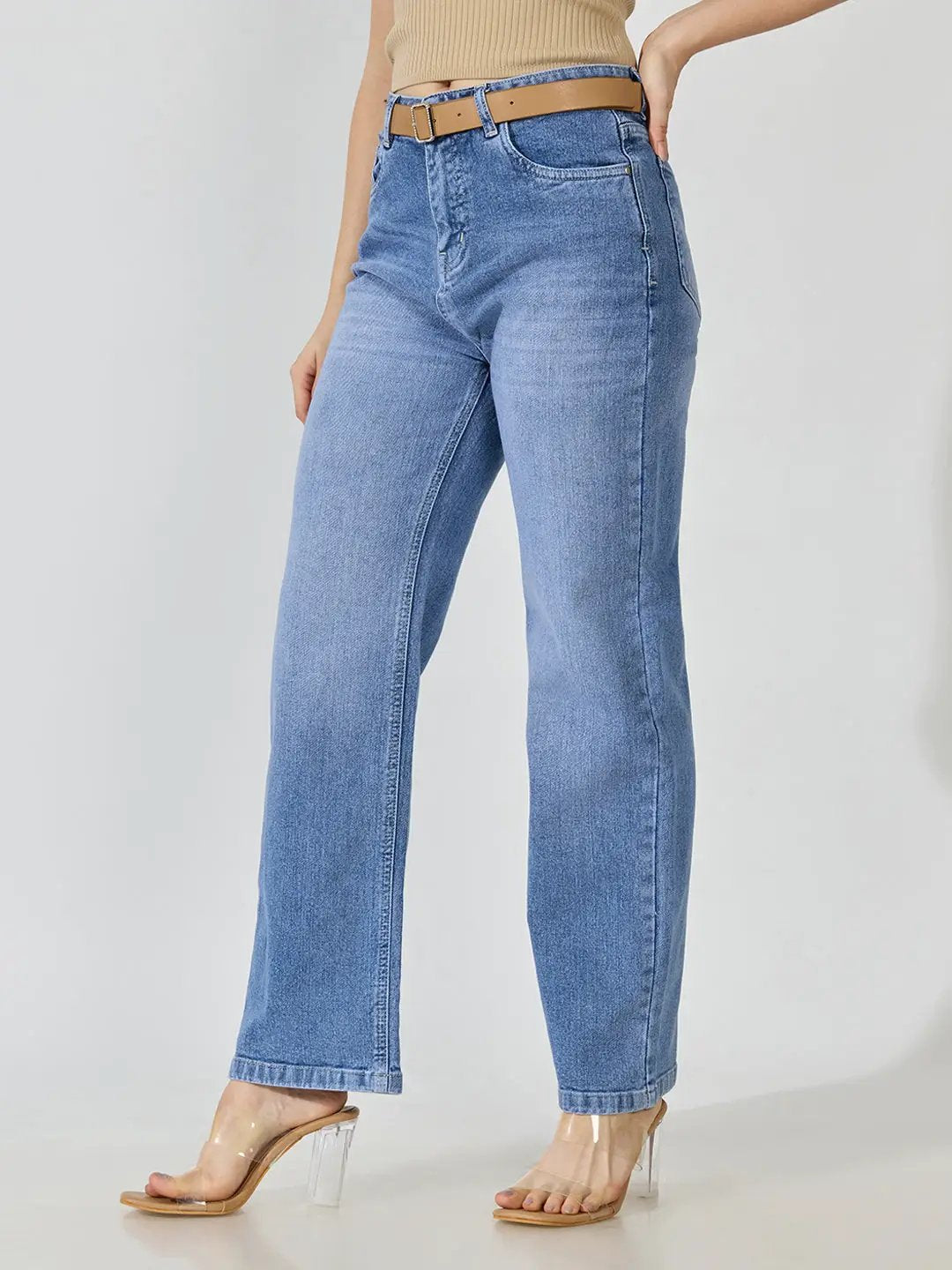 Women's Blue High-Rise Straight Fit Denim Jeans with Belt
